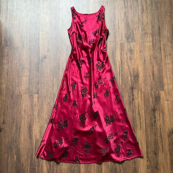 Decked Out Red Satin Maxi Dress Velvet Flocked Floral 90s Inspired - Picture 1 of 7